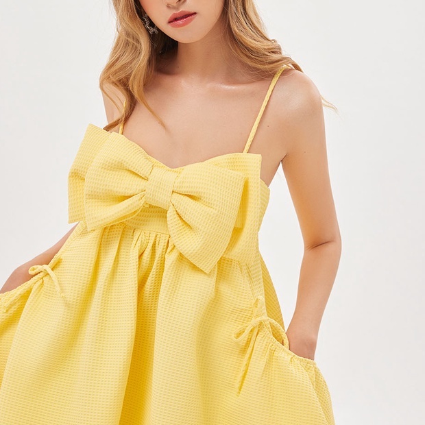 Đầm xoè SheByShj hai dây phối nơ màu vàng - Pony Dress