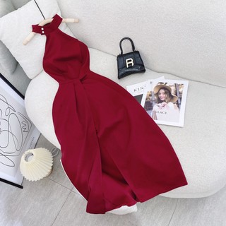 ĐẦM MIDI ĐỎ CỔ YẾM ĐÍNH NÚT TÀ XẺ