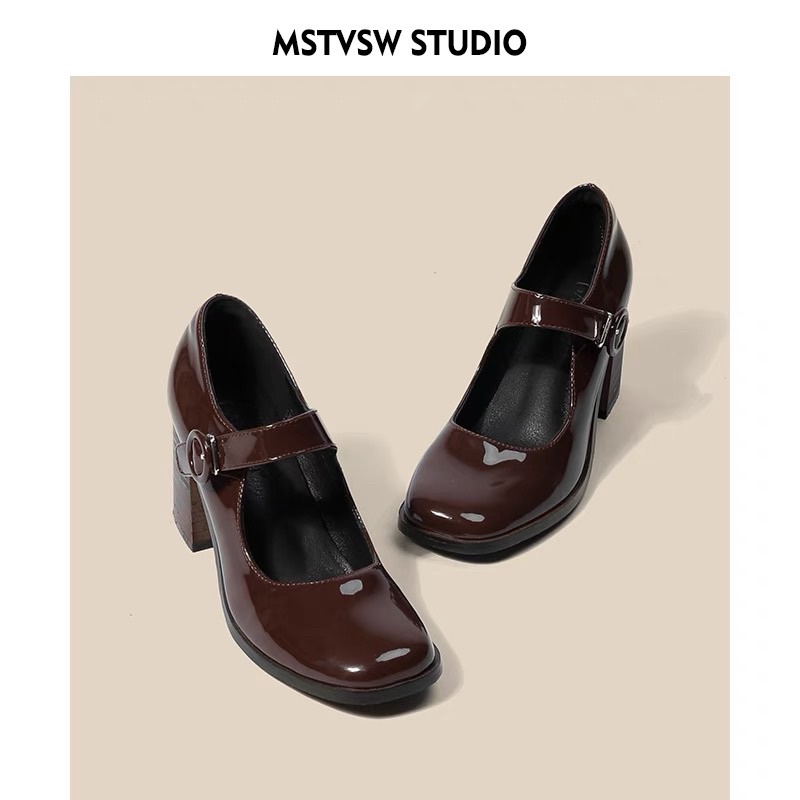 Giày búp bê guốc vintage trơn bóng siêu xinh phong cách cổ điển