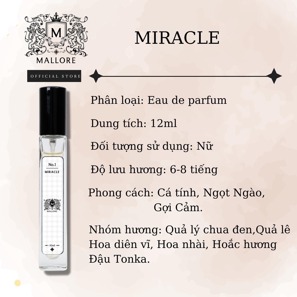 Nước hoa nữ Miracle ngọt ngào, thơm mát, gợi cảm Mallore 10ml dạng xịt tiện lợi