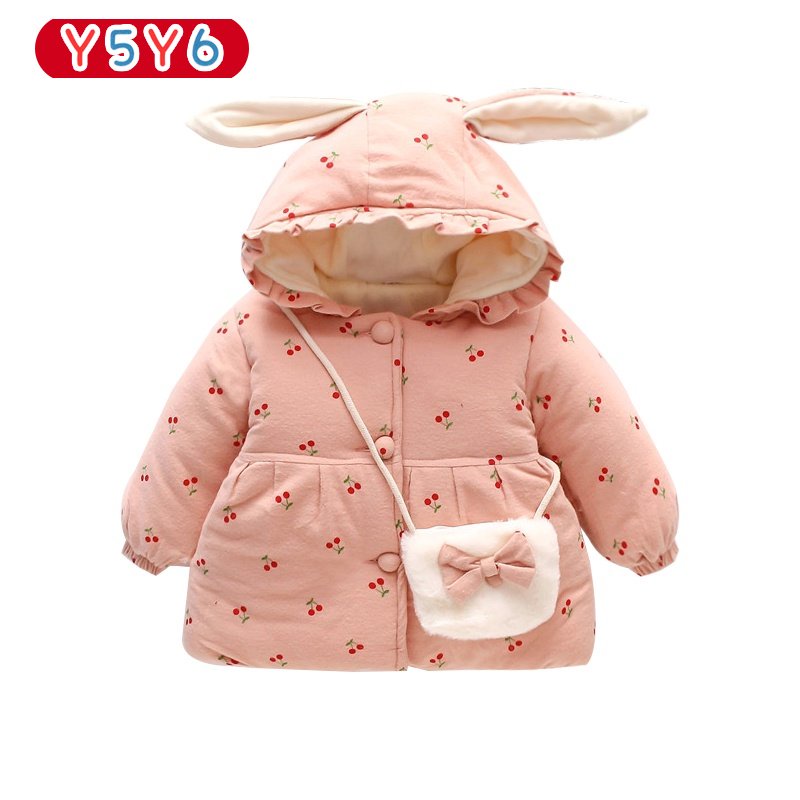 Y5Y6 Áo Khoác Giữ Ấm Tai Dài Bằng Vải Bông Hình cherry Thời Trang Mùa Đông Kèm Túi Đựng Dành Cho Bé Gái