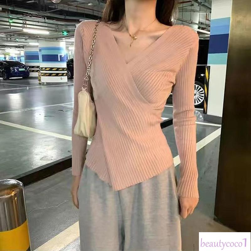 🎀Áo Thun Tay Dài Dệt Kim Dáng ôm Thời Trang Hàn Quốc cổ cho V Chéo Màu Sắc Nữ