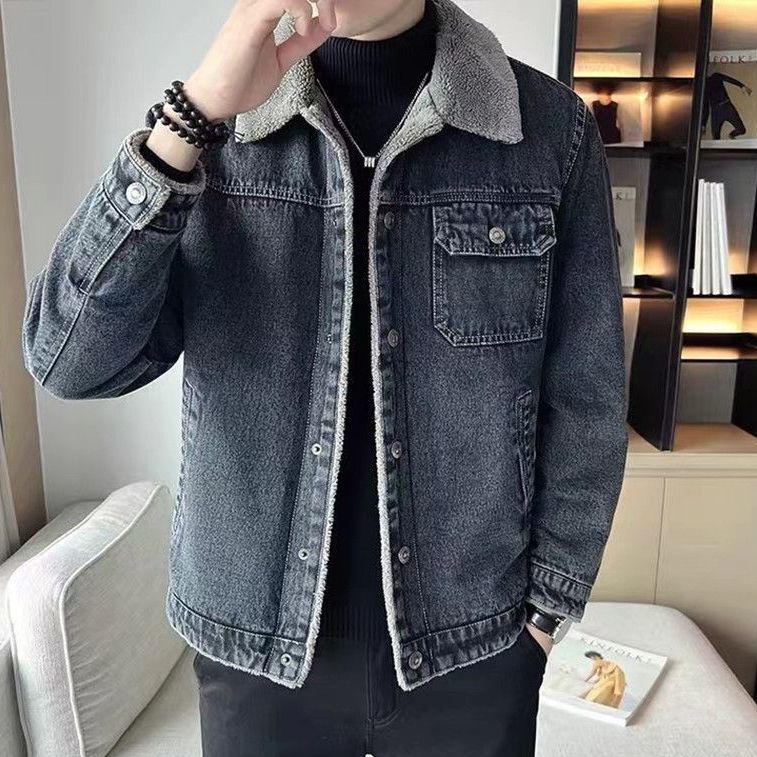 Áo Khoác Denim Lót Lông Cừu Dày Dặn Dáng Ôm Thời Trang Mùa Đông 2022 Cho Nam Trung Niên