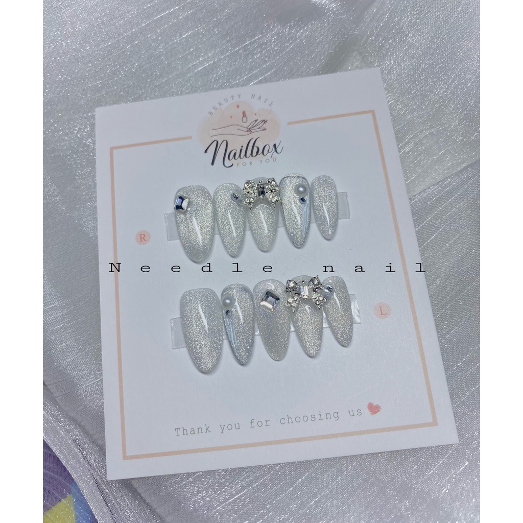 Sét 10 móng tay giả mắt mèo kim cương đính charm nơ xinh xỉu