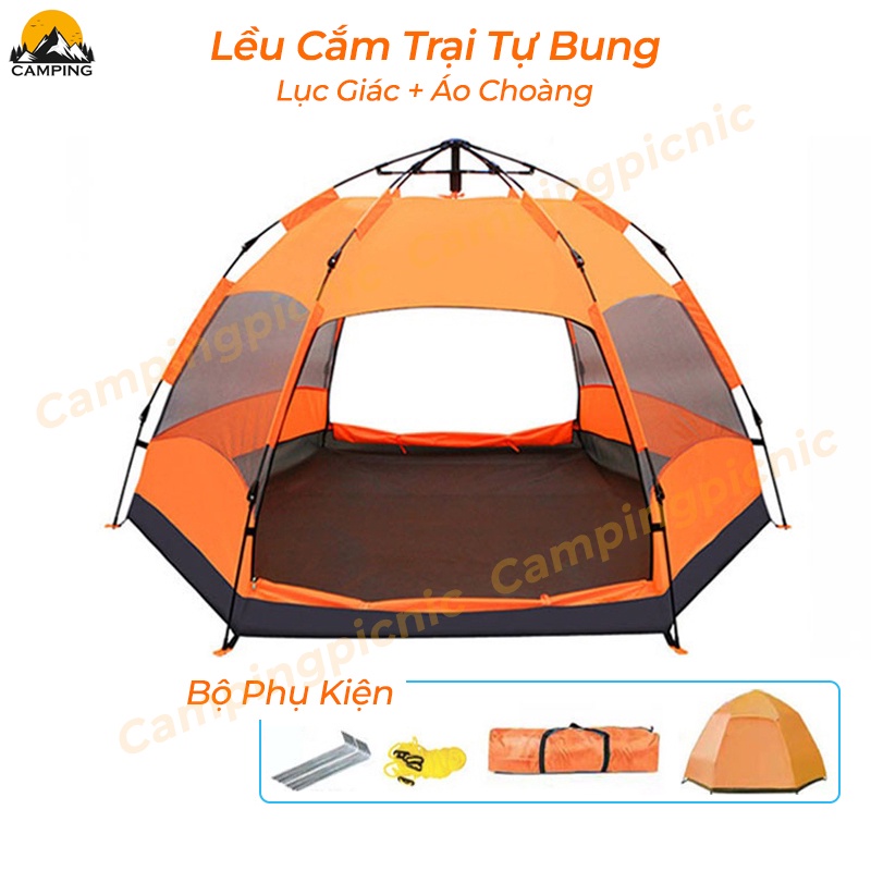 Lều cắm trại tự bung , lều du lịch dã ngoại dành cho 4-6 người, lớp tráng bạc chống tia uv, nhiều cửa thông thoáng