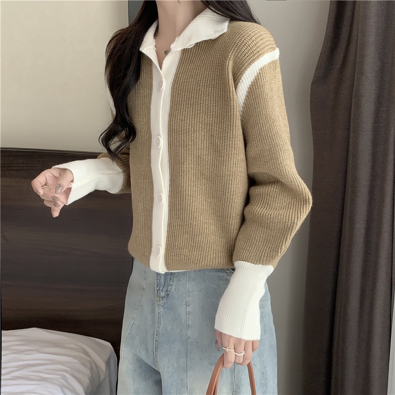 Áo Khoác Cardigan Dệt Kim Dáng Rộng Cổ Cao Màu Sắc Tương Phản Phong Cách Hàn Quốc