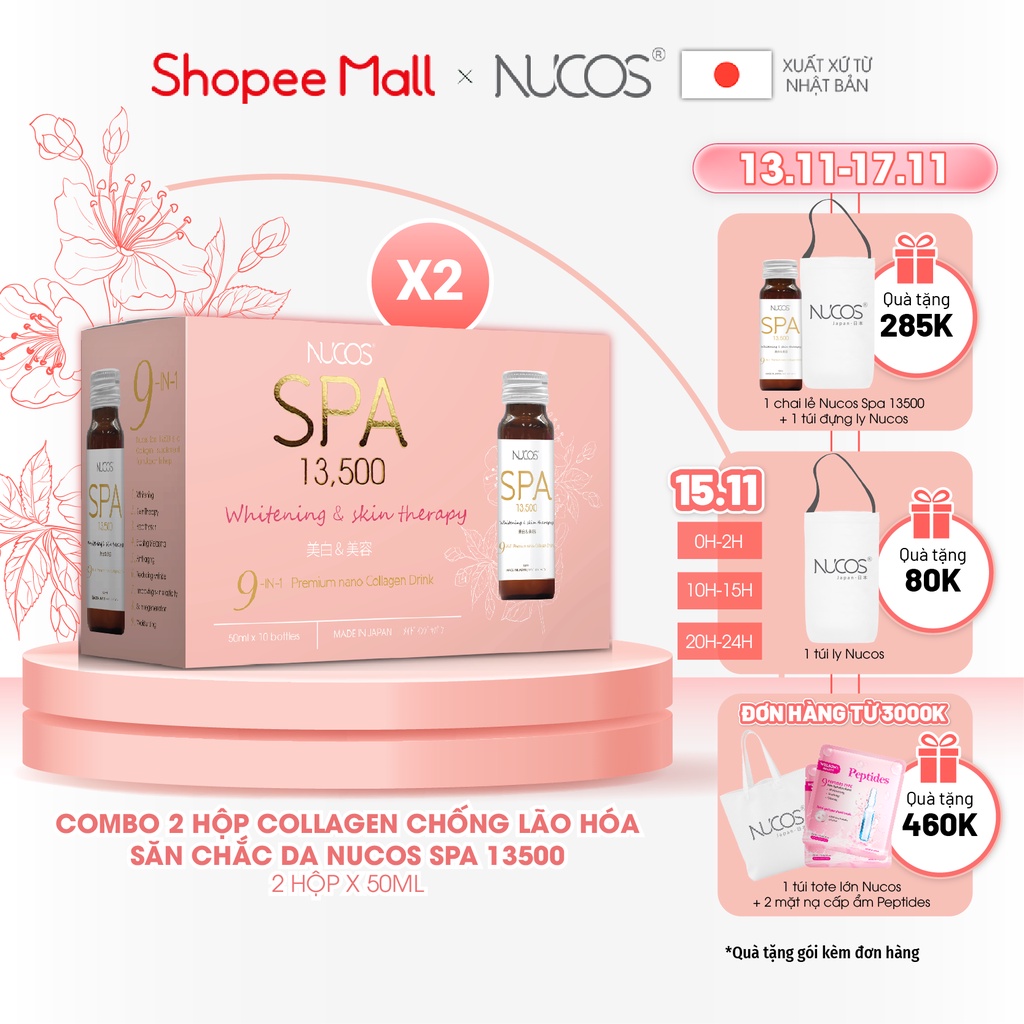 Combo 2 hộp collagen uống chống lão hóa phục hồi da Nucos Spa 13500 50ml x 2 x 10 chai