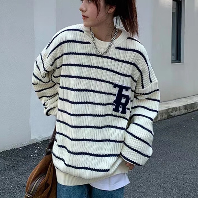 Áo Sweater Chui Đầu Tay Dài Dáng Rộng Kẻ Sọc In Chữ Kiểu Vintage Nhật Bản Thời Trang 2022 Cho Nữ