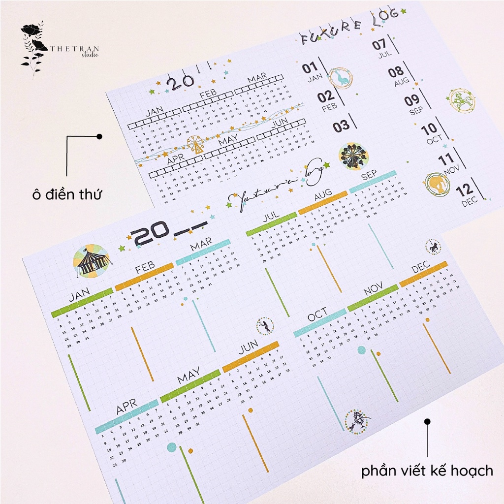 Bộ 5 tờ lịch ghi chú kế hoạch A4 dùng cho tất cả các năm chủ đề rạp xiếc / circus future log / thetranstudio