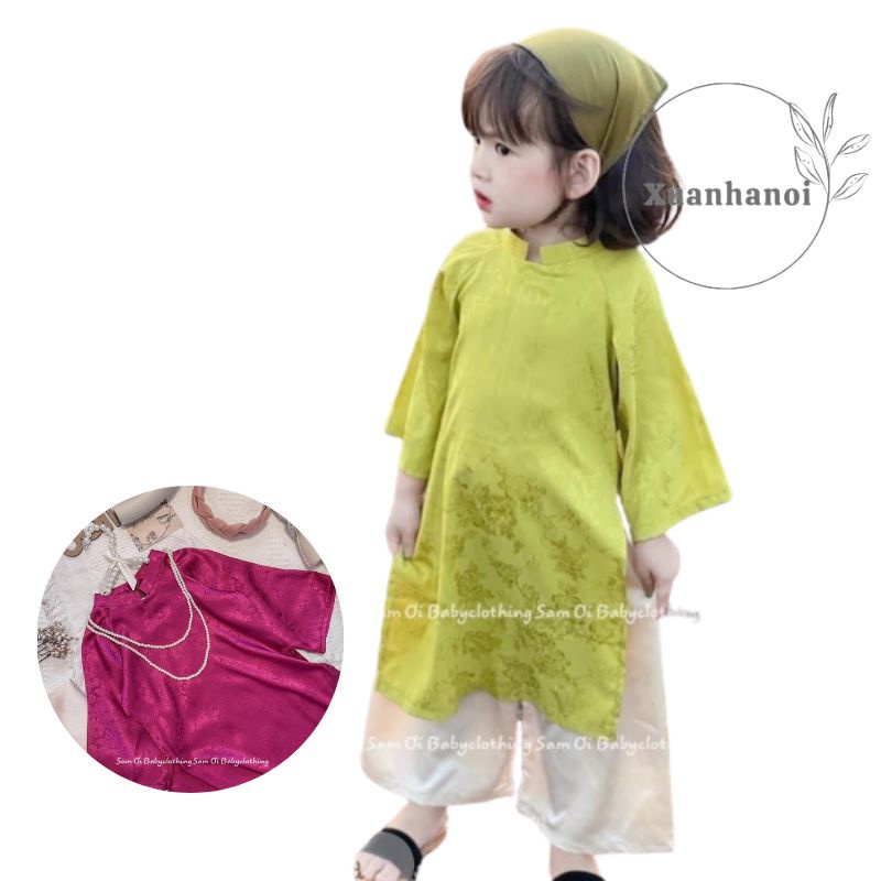 Áo dài bé gái cách tân gấm vân 4 chi tiết áo + quần + vòng ngọc + khăn mỏ quạ 8-30kg XHN1109