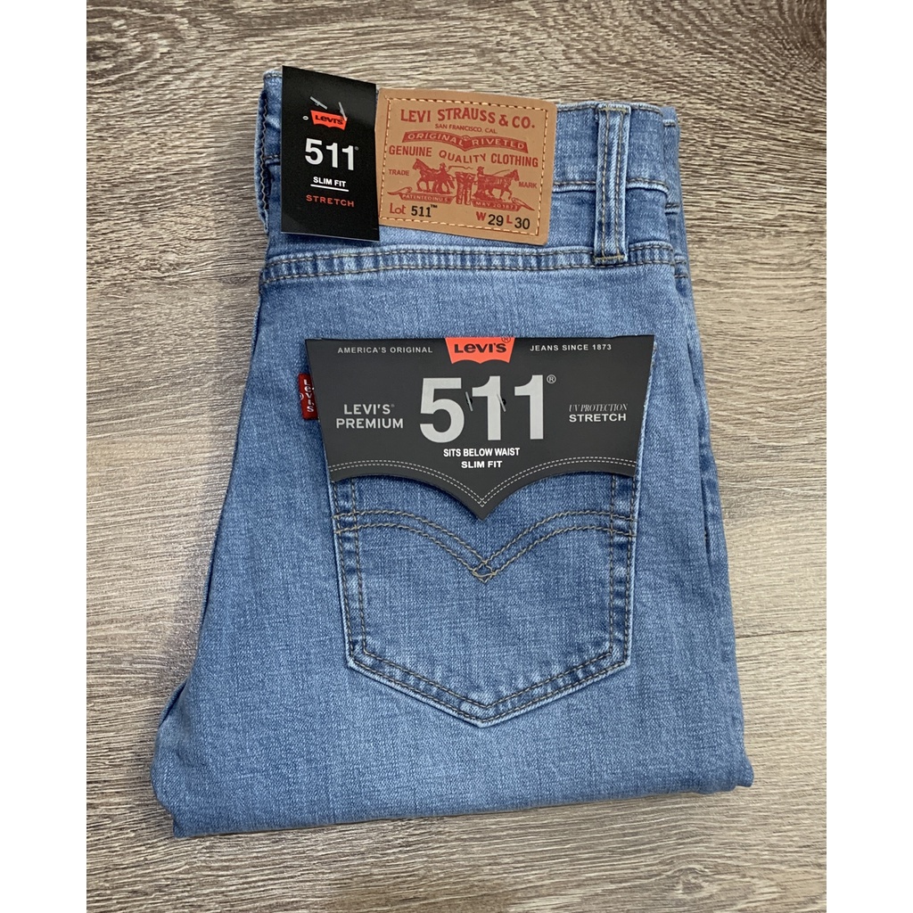 Quần jean nam ống đứng le511 màu xanh sáng co giãn dáng slimfit