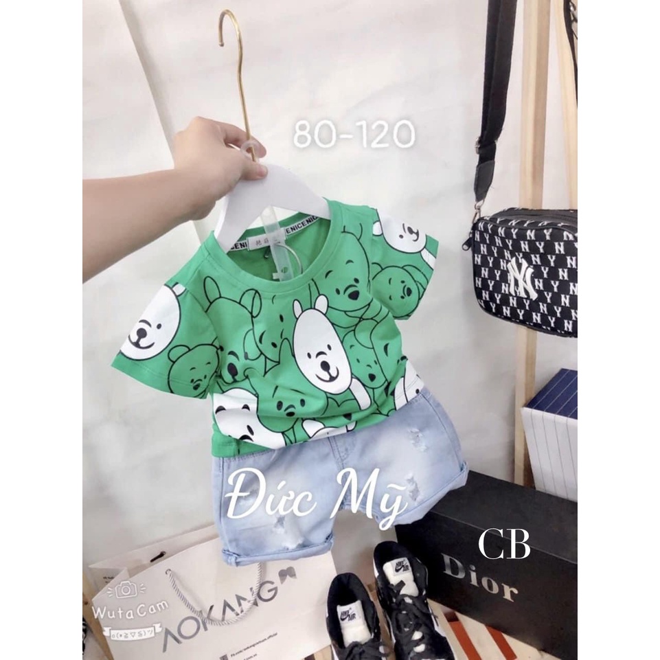 Bộ đồ tay ngắn cộc tay áo thun cotton 4 chiều phối quần jean in hình gấu E38