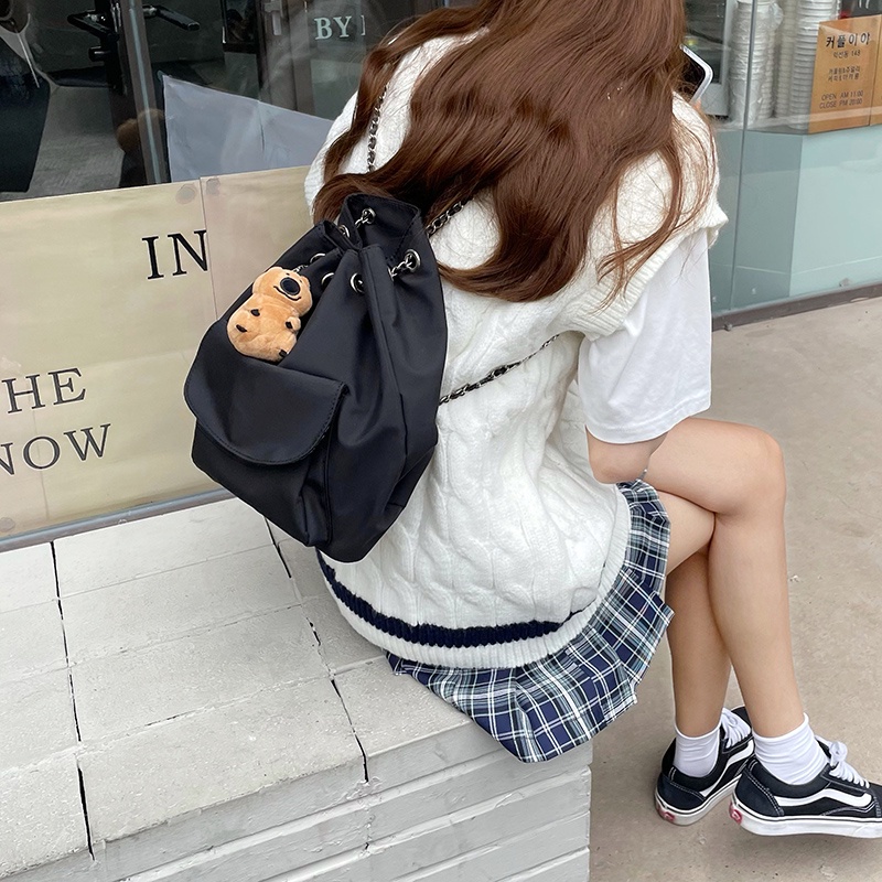 IELGY Ba Lô Rút Dây Bằng Lụa Màu Đen Đơn Giản Cho Nữ