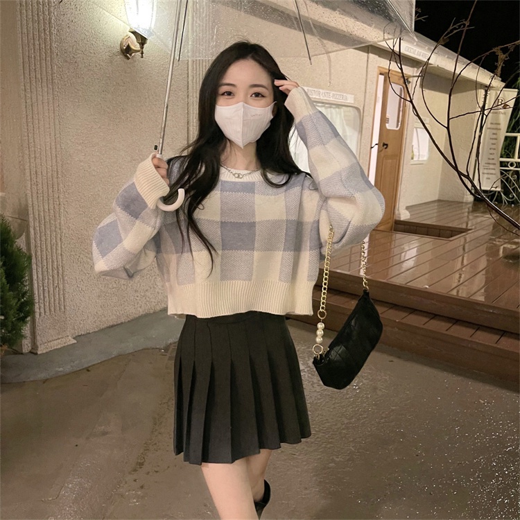 Áo Sweater Dáng Rộng Ngắn Kẻ Caro Thời Trang Mùa Thu Hàn Quốc Cho Nữ