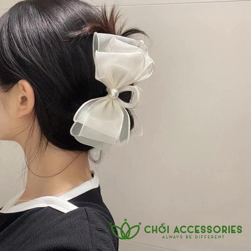 Cặp tóc nơ dọc phồng tóc đính hạt trai nhân tạo sang chảnh - Y165