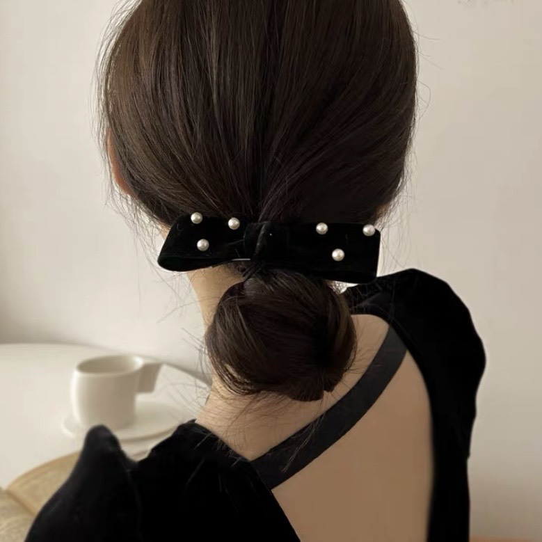 Kẹp tóc nơ nhung đen ngọc trai giả TIMSTORE phong cách thời trang hàn quốc sang đẹp