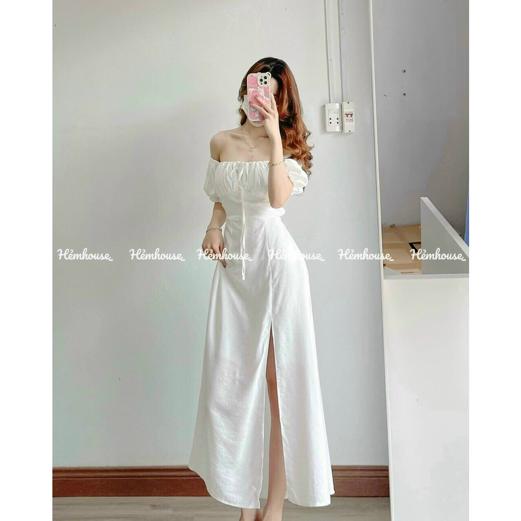 (Sale FreeShip) Đầm trễ vai dáng dài,đầm trắng tay phồng nhún ngực có dây cột nơ xé tà sang chảnh,chất đẹp