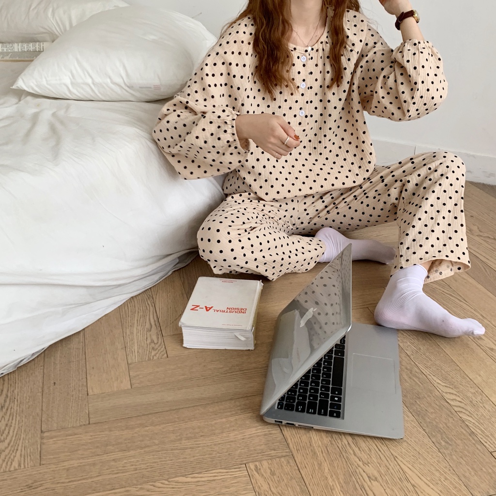 Bn40_Bộ ngủ pijama dài tay chất Muslin hoạ tiết chấm bi phong cách ulzzang hàng quảng châu cao cấp