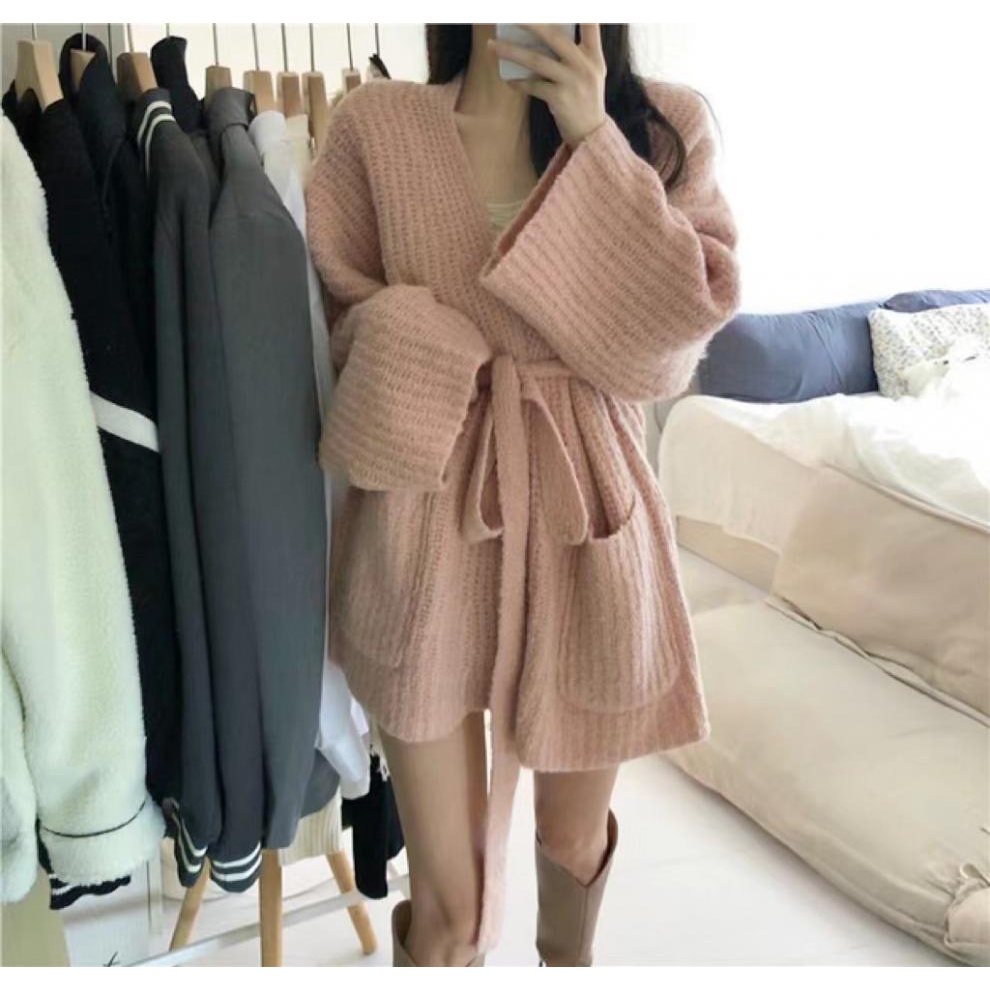 Áo Khoác Cardigan Dệt Kim Dáng Rộng Cột Dây Thời Trang Xuân Thu Phong Cách Mới Cho Nữ