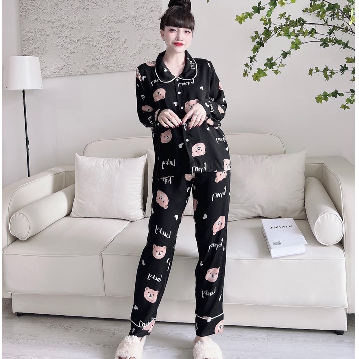 Đồ Bộ Nữ Pijama SOJUN Quần Dài Tay dài Lụa Mango Cổ Sen Cao Cấp 50-65kg