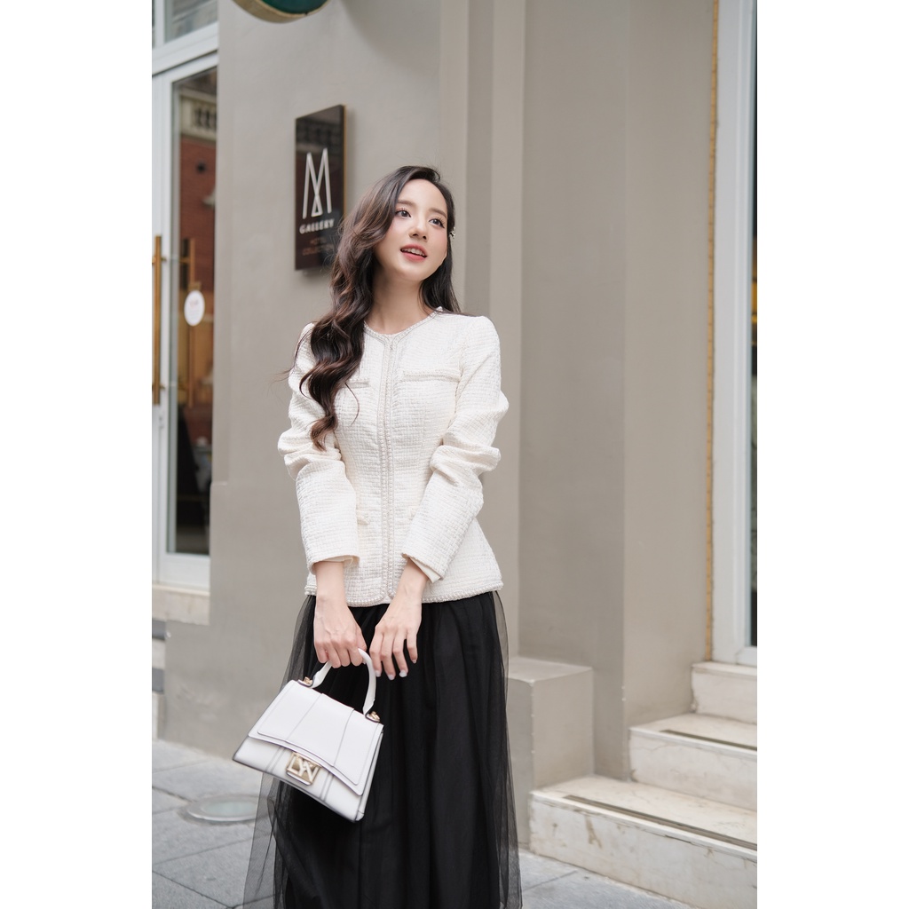 Áo dạ tweed CAMILLE JACKET  phối viền 2 màu đen trắng sang trọng, thanh lịch by Cherine