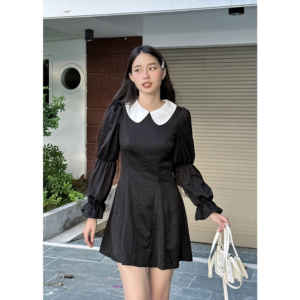 Đầm xoè nhấn eo suông dài nhún chun tay phồng phối cổ bèo trắng SURIE DRESS - Sibling House