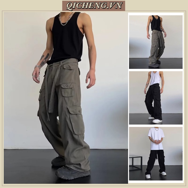Quần quần túi hộp Nam Nữ Dáng Rộng Phối Túi Lớn quần ống suông Phong Cách Mỹ quần tây nam Thời Trang cargo pants