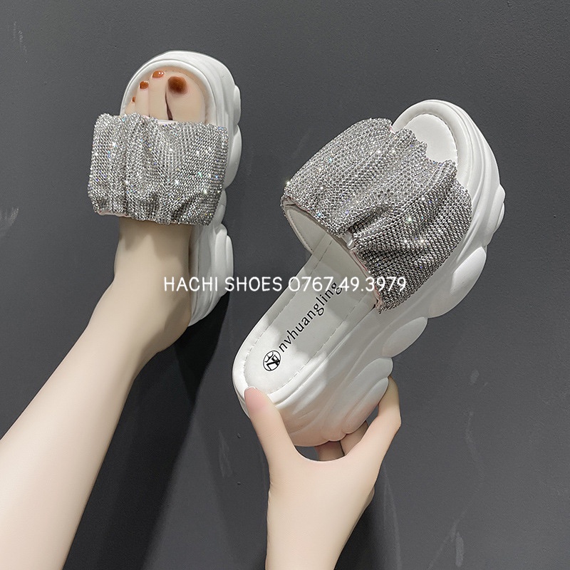 Dép đế bánh mì quai ngang bảng to đính đá hàng QC fullbox cao 6cm 5071