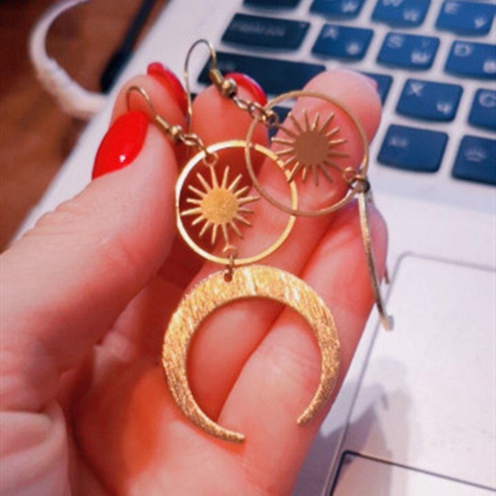 QQMALL Bông Tai Hợp Kim Dáng Dài Hình Mặt Trăng / Hoa Hướng Dương Phong Cách Hàn Quốc Cho Nữ