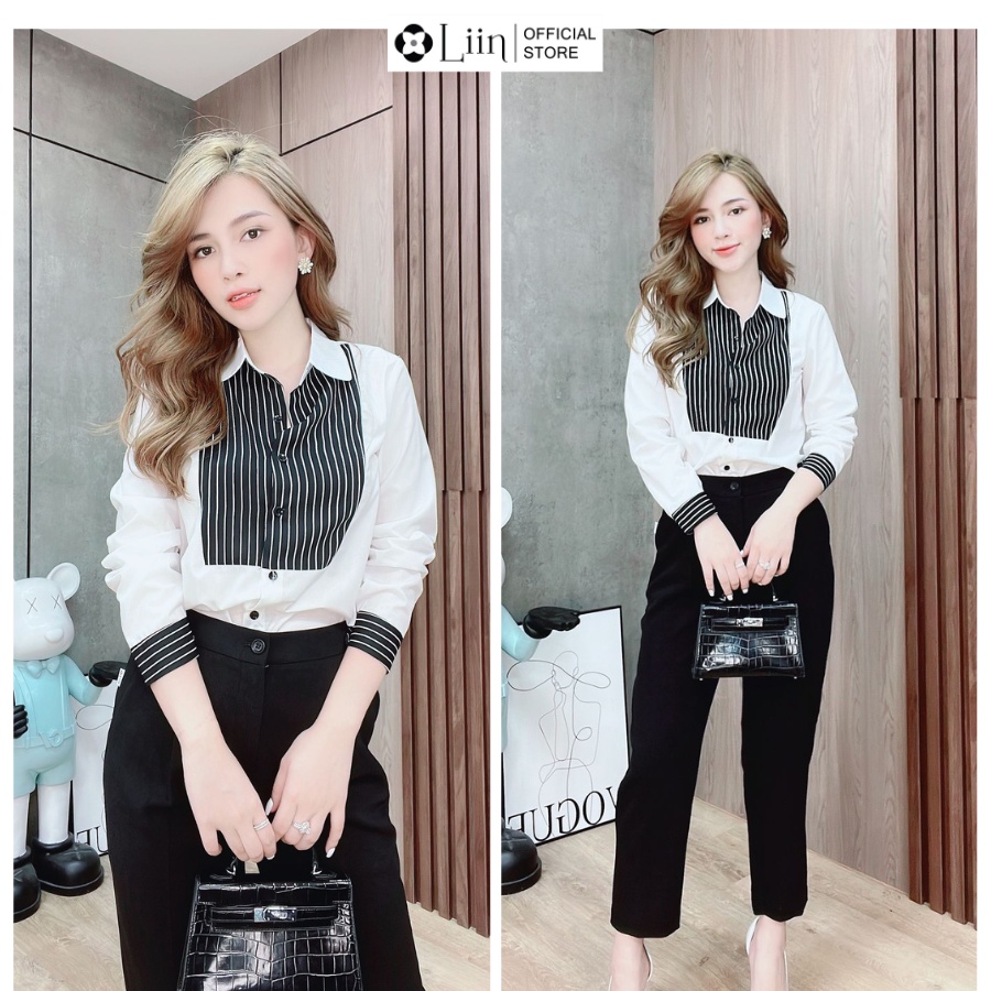 Áo sơ mi trắng phối kẻ đen chất lụa tuyết cá tính năng động Liin Clothing SM4575