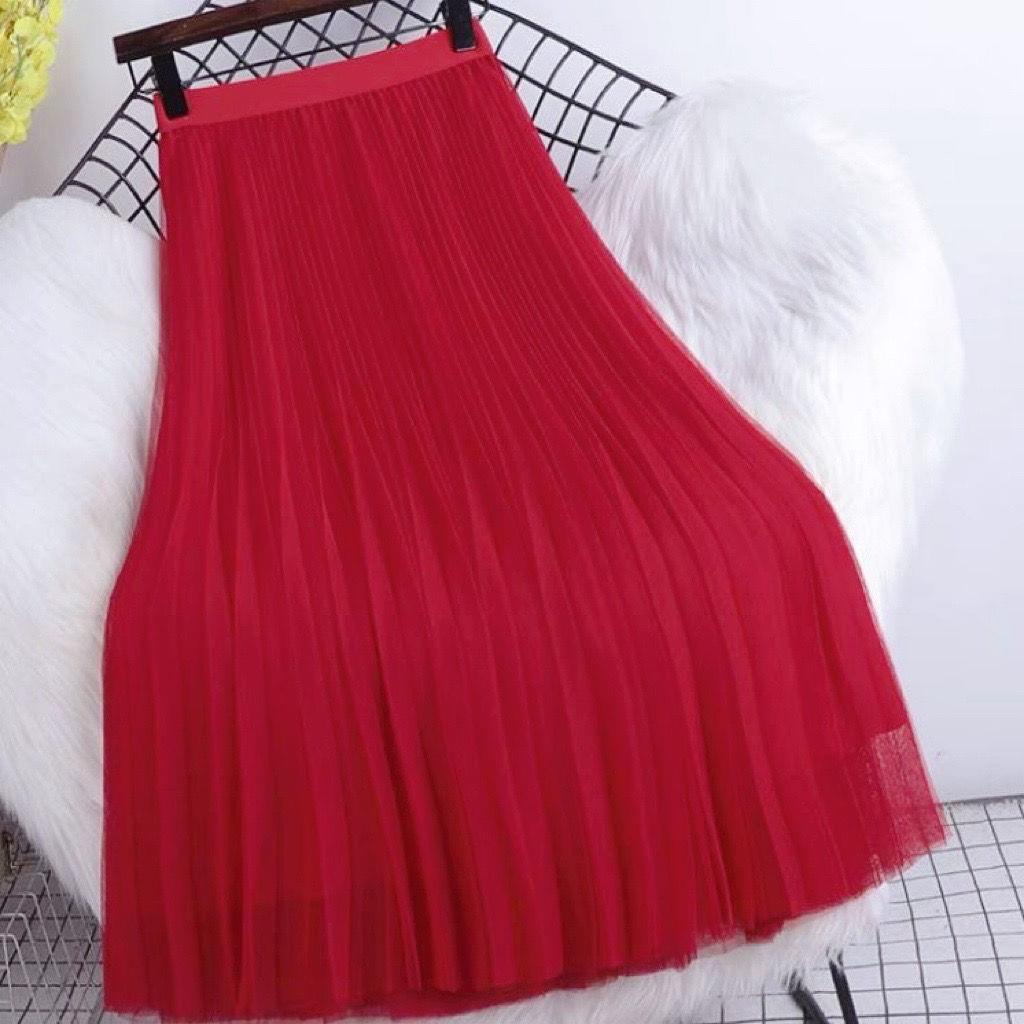 Chân Váy Lưới Xếp Ly Dáng Xòe Dài Lưng Cao Màu Trơn Dễ Phối Đồ