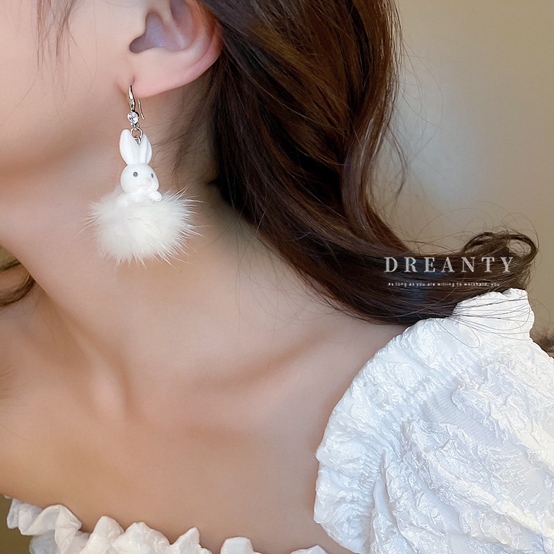 Bông Tai Thu Đông Đính Bóng Lông Thỏ Zircon Siêu Dễ Thương Vui Nhộn Phong Cách Mới