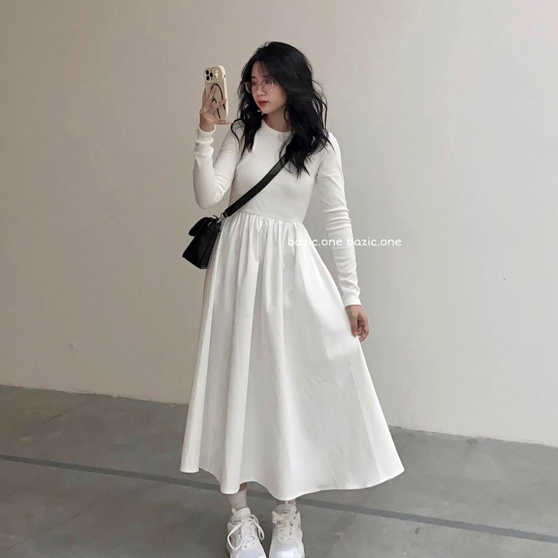 Váy xòe dáng dài, đầm nữ dài tay khoét vai midi trơn basic hàn quốc dài qua gối freesize hàn quốc Ylydress C1232