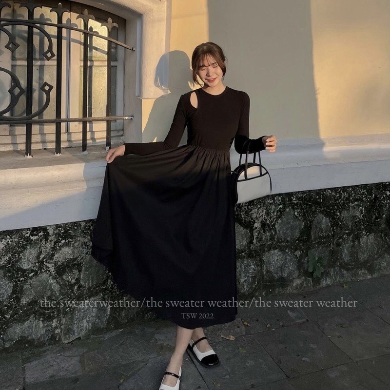 Váy dài khoét vai dáng xòe phần trên ôm body phần váy chất vải thô mềm dài tay style hàn quốc 1SIZESHOP