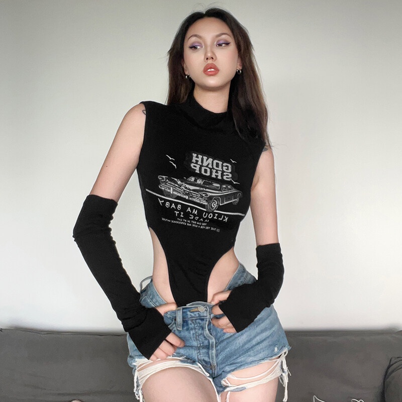 Bộ Áo Liền Quần Sát Nách In Chữ Vintage Quyến Rũ Cho Nữ