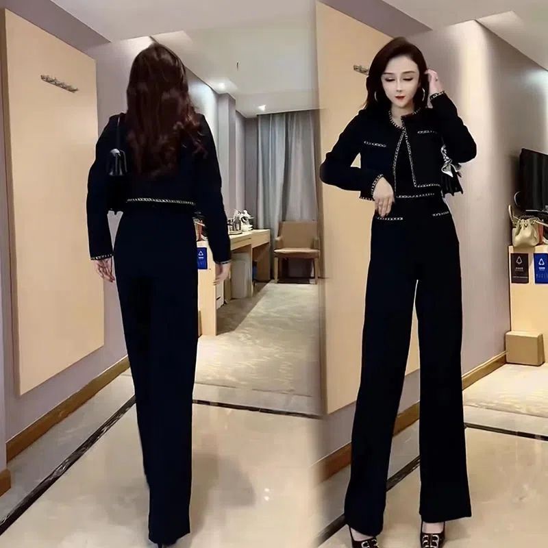 Influencer Set Áo Khoác Ngắn Phối Quần Dài Ống Rộng Thời Trang Mùa Thu Phong Cách Xiaoxiang Cao Cấp