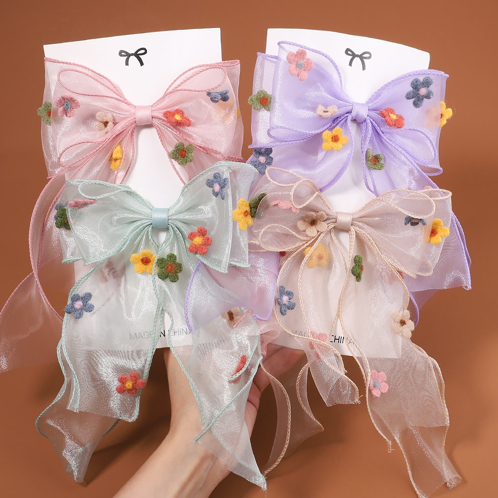 Kẹp tóc KIDSBOWS hình nơ vải chiffon thêu họa tiết hoa xinh xắn thời trang dành cho bé gái