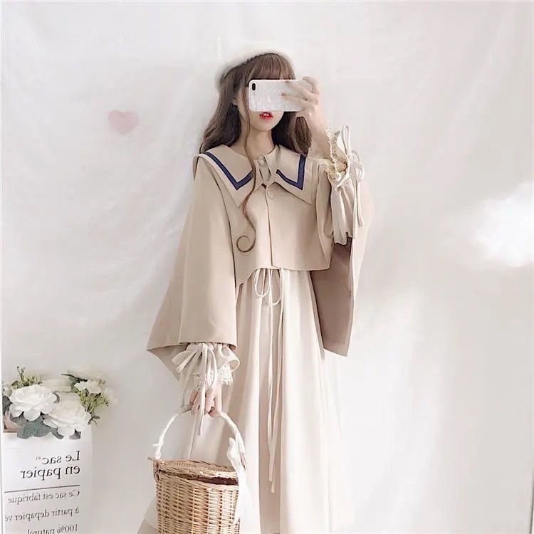 Plus Đầm Dài Cổ Chữ v Phối Nút Quấn Thời Trang Mùa Thu Nhật Bản 2021 Cho Nữ