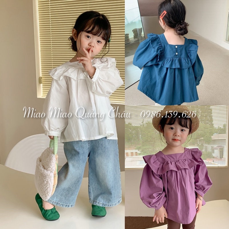 áo sơ mi bánh bèo bé gái cổ vuông, áo dành cho bé 3 đến 8 tuổi