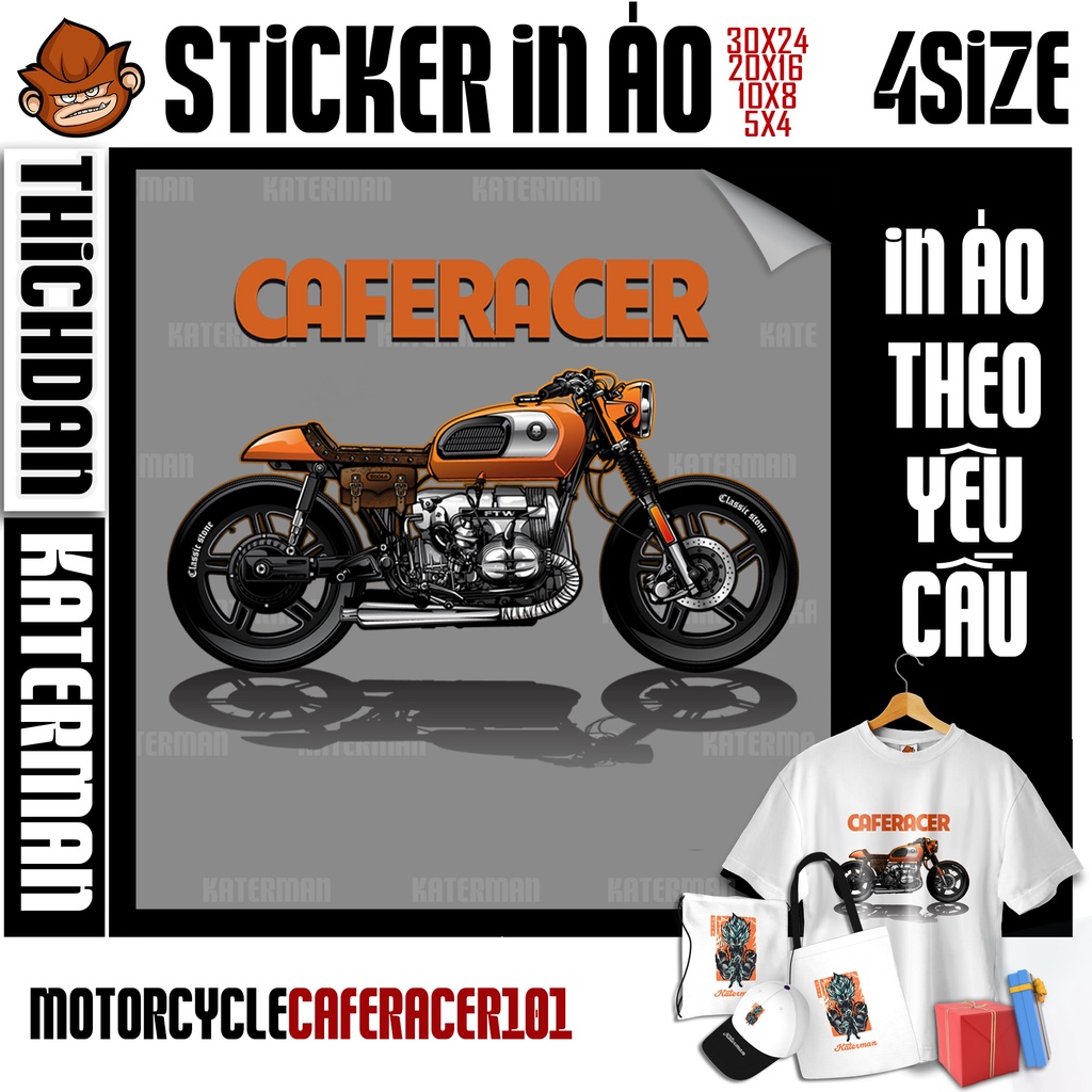 Sticker hình in nhiệt áo thun, ủi nhiệt áo phông hình xe moto Classic bike, xe cổ điển Cafe Racer, xe độ màu cam 101