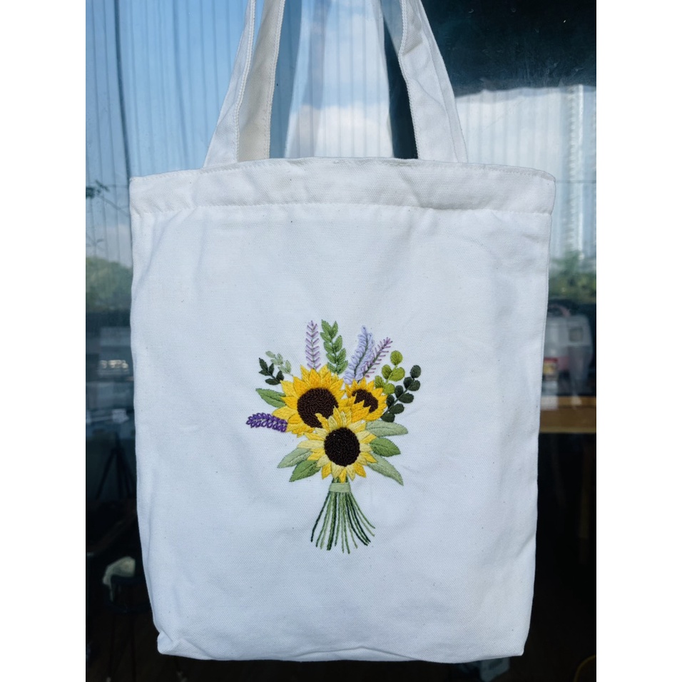Túi tote, túi canvas thêu tay MIA họa tiết hoa hướng dương (có khóa kéo)