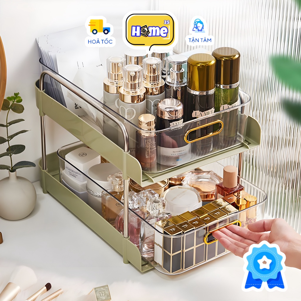 Kệ để bàn 2 ngăn kéo trong suốt khung thép đựng đồ trang điểm, đựng ly tách Xanh/ Trắng HOME25
