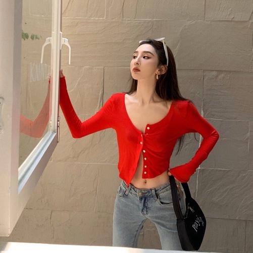 ZHELIHANGFEI Áo Cardigan Dệt Kim Tay Dài Lưng Cao Hở Eo Thời Trang Cho Nữ