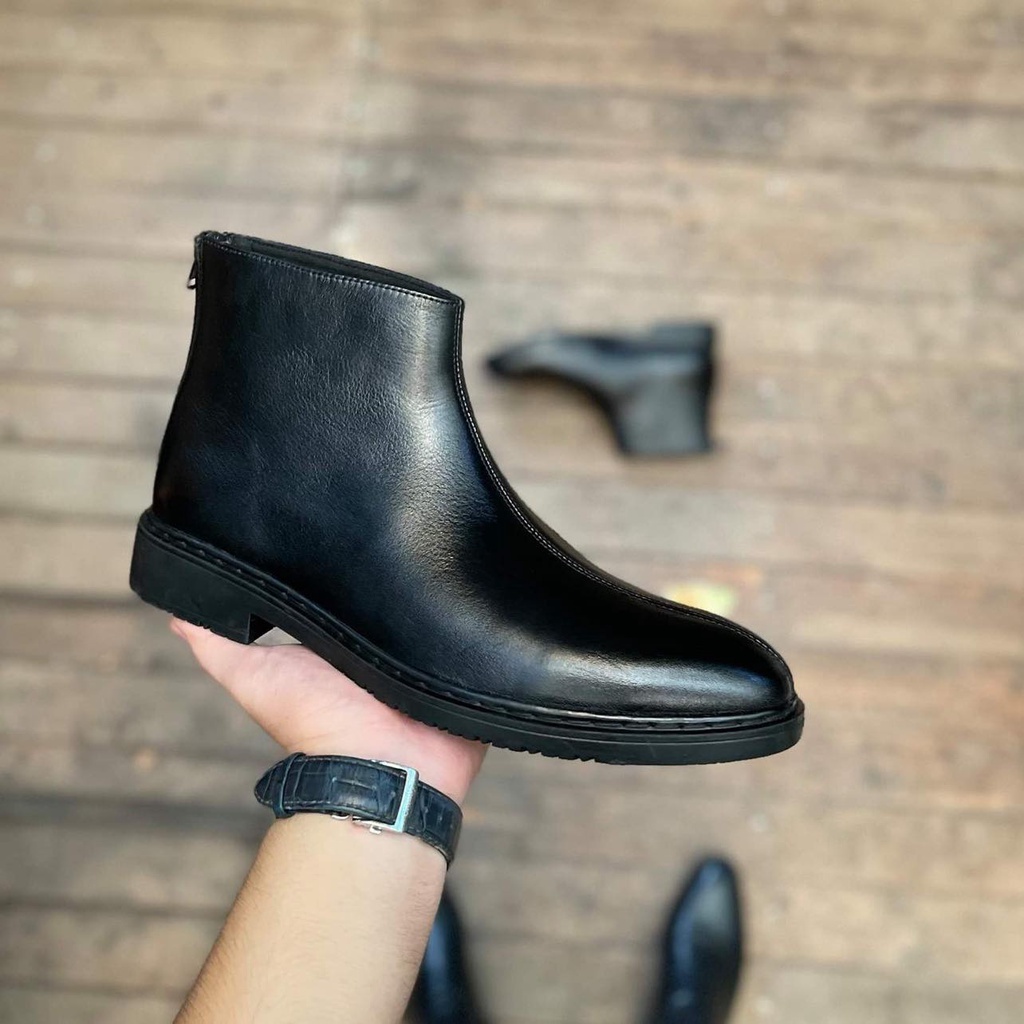 Giày Chelsea Boot Zip Black Da bò nhập khẩu, giày da khóa hậu