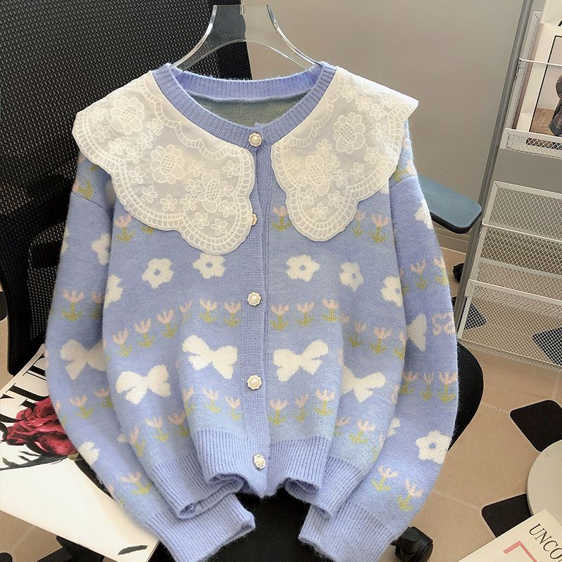 Áo Khoác Cardigan Dệt Kim Cổ Búp Bê Phối Ren Thời Trang Mùa Thu 2022 Mới Cho Nữ