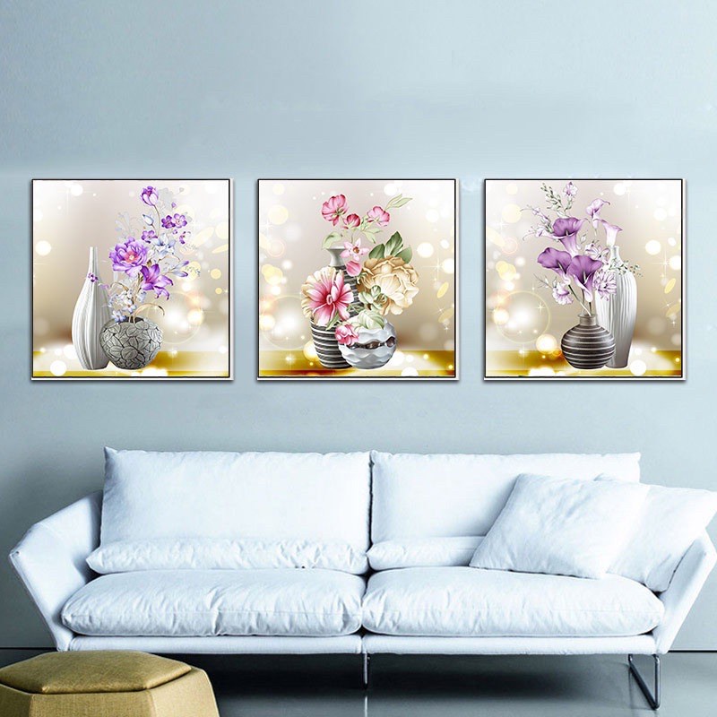 Tranh thêu chữ thập Bình Hoa Khoe sắc bộ 3 bức Lavender LV3138 - Chưa thêu