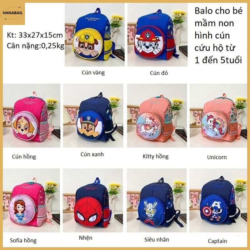 Balo Cho Bé Mầm Non Mẫu Chó Cứu Hộ Nhiều Màu Sắc Chống Thấm Nước Size 33cm