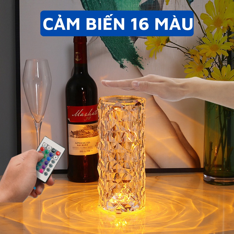 Đèn ngủ pha lê kim cương cảm biến 16 màu để bàn, có điều khiển từ xa điều chỉnh được độ sáng