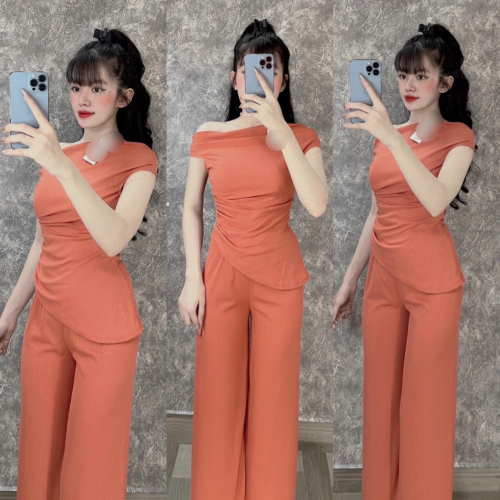 (FreeShip) Sét đồ bộ nữ,áo lệch vai nhún eo chéo tà cực sang mix quần ống suông,chất đẹp lên from xinh xĩu