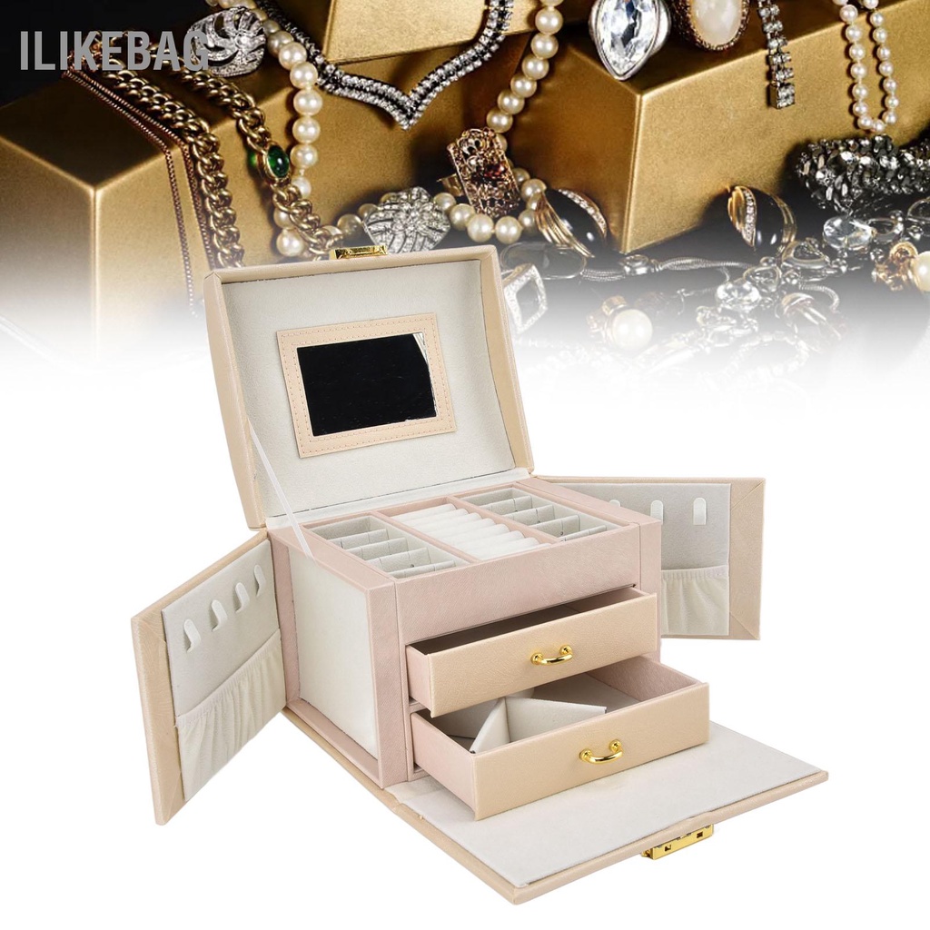 Ilikebag Du Lịch Hộp Đựng Trang Sức Di Động Sắp Xếp Lưu Trữ Có Chìa Khóa Kép Ngăn Kéo Cho Nhẫn Bông Tai Dây Chuyền